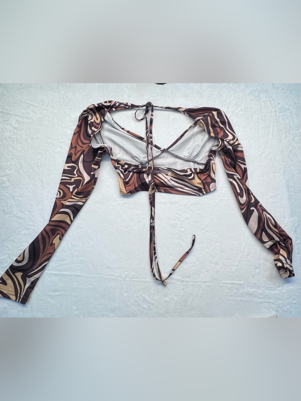SHEIN Brown Swirl Print Long Sleeve Tie Back Crop Top XS - Picture 8 of 8